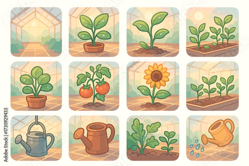 Greenhouse icon set featuring plants, vegetables, and gardening tools in soft pastel colors