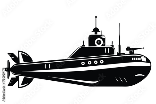 Silhouette of a Black Submarine with Antenna, Propeller, and Circular Windows in Profile