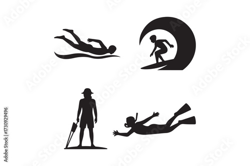 Four silhouettes of water sports and activities
