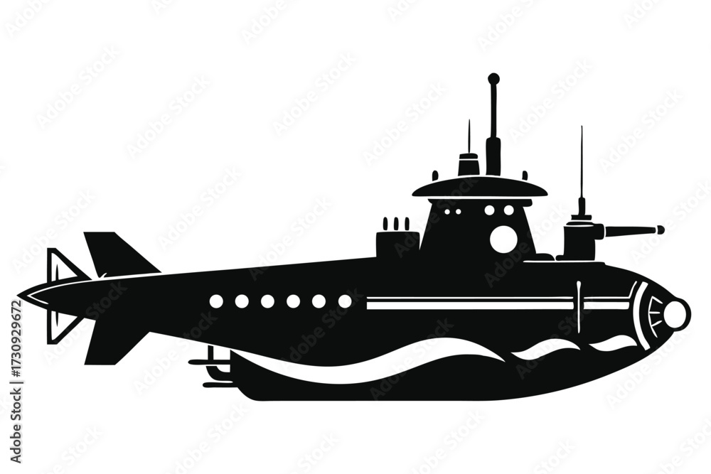 Fototapeta premium Detailed Silhouette of a Submarine with Mast, Antennas, and Rear Stabilizers Displayed
