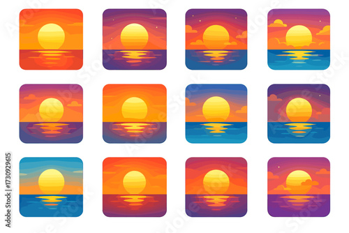 Collection of vibrant sunset and sunrise square icons over ocean in various colors