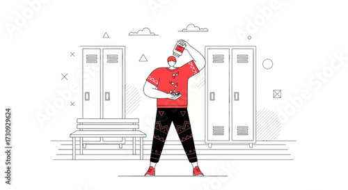 Conceptual illustration showcasing a man taking medicine or supplements in a locker room setting