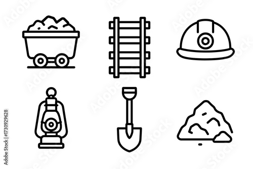 Coal mining tools and equipment icons set: cart, rail, helmet, lantern, shovel, ore