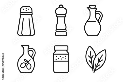 Simple black line icons of salt, pepper shaker, vinegar, oil, spice jar, and basil leaves