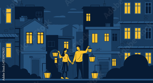 Couple Walking Through a City at Night Illuminated by Lanterns and Building Windows