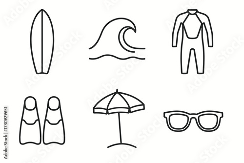 Surfing essentials collection: surfboard, wave, wetsuit, flippers, beach umbrella, sunglasses
