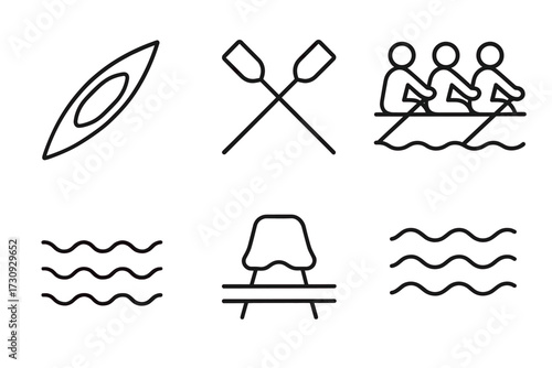 Set of minimalist rowing and water-themed icons in black outline design