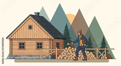 Cozy Cabin Retreat with Lumberjack and Woodpile Illustration for a Peaceful Escape