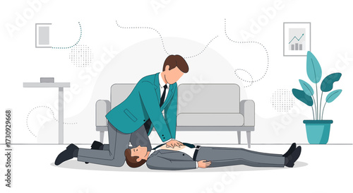 CPR training at the office illustrating first aid emergency response procedure and medical