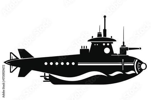 Detailed Silhouette of a Submarine with Mast, Antennas, and Rear Stabilizers Displayed
