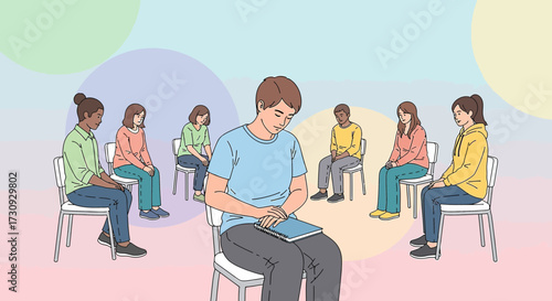 Diverse group therapy session with focus on individual dealing with personal challenges