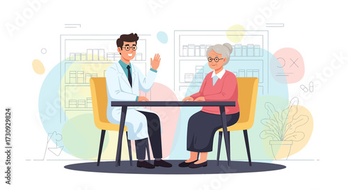 Doctor consulting with elderly woman at the hospital, providing healthcare support and guidance