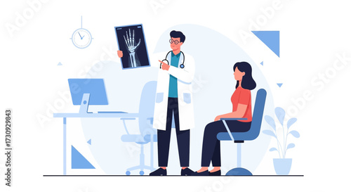 Doctor explaining hand x-ray results to patient in medical office setting vector illustration