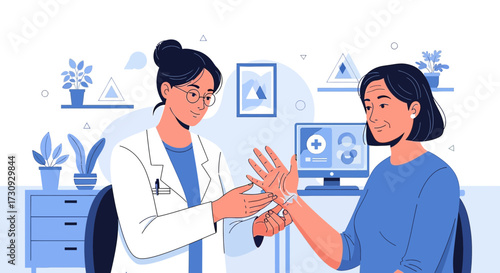 Doctor examines the wrist of an elderly woman in a medical consultation setting