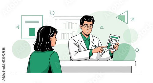 Doctor explaining medical prescription to patient at hospital clinic vector illustration for