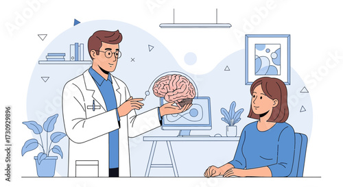 Doctor explaining human brain anatomy to patient concept illustration, depicting healthcare and