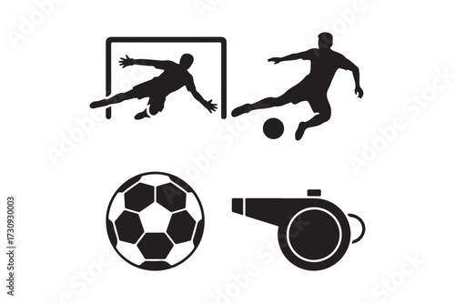 Soccer icons silhouette of players ball and whistle