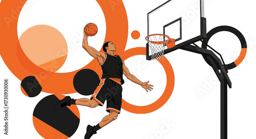 Dynamic basketball player in mid-air slam dunk with abstract geometric background design