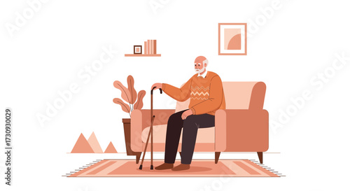 Elderly man sitting in armchair holding walking cane, portraying a scene of calmness and serenity