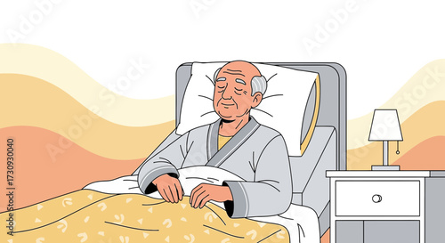 Elderly man resting peacefully in bed at home, embracing the golden years with serenity