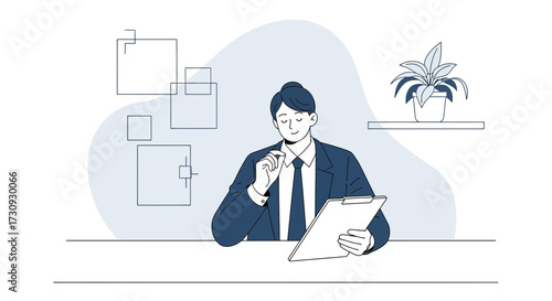 Elegant businessman illustration in a suit contemplating ideas with notepad in office space