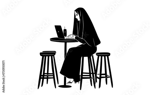 a woman sitting at a table using a laptop, wearing a long veilbar stool, bathrobe, black, computer, girl, illustration, job, laptop, nun, person, profile, robe, sit, stool, table, woman 