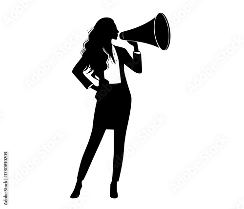 a silhouette of a woman using a megaphonebeautiful, black, business suit, business woman, girl, megaphone, profile, speaker, talk, trumpet, woman 