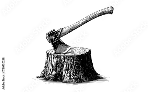 a black and white drawing of an axe stuck in a tree stumpax, drawing, illustration, log, stick, stump, tool, tree trunk, wood 