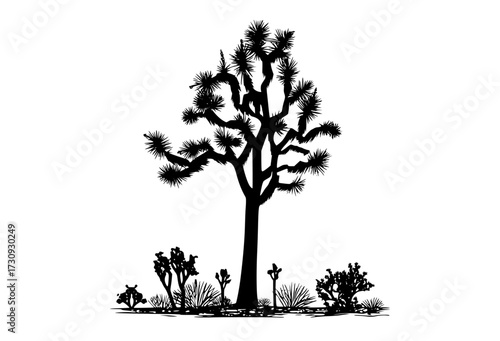 a black and white silhouette of a joshua tree in the desertblack, floor, illustration, plant, profile, tree 