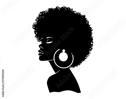 a silhouette of a woman with an afro and large hoop earringsafro, beautiful, black, cosmetic, curl, earring, girl, hair, hairstyle, head, illustration, portrait, profile, wear, woman 