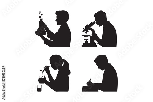 Silhouettes of students engaged in various scientific activities and learning