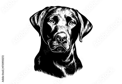 a black and white drawing of a dog's headblack, dog, head, illustration, image, laboratory, labrador, portrait 