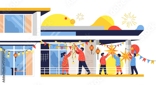 Family preparing for chinese new year celebration decorating house with lanterns and lights
