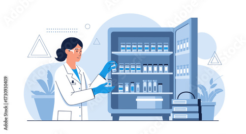 Female scientist in lab coat taking vaccine vials from refrigerator in laboratory