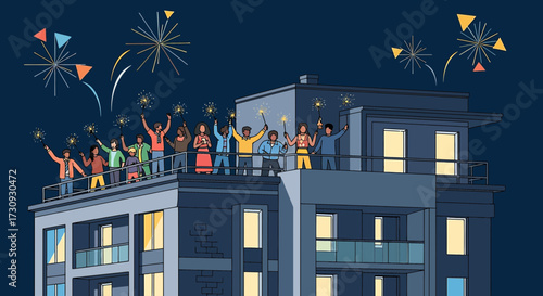 Festive rooftop celebration illustration with diverse group and sparklers at night