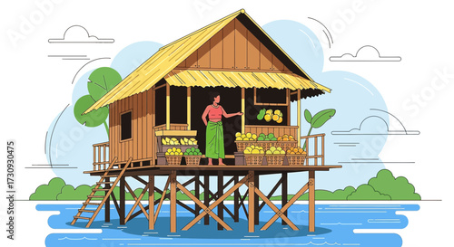 Floating market vendor scene with tropical fruits in a traditional wooden stilt house