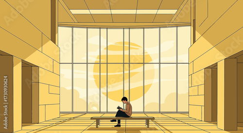 Golden Hour Reader: A serene moment of contemplation in a grand architectural space filled with