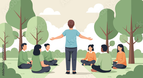 Group meditation session outdoors with an instructor surrounded by nature and trees in calm setting