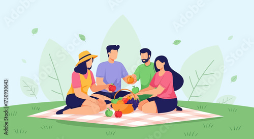 Group of friends enjoying a delightful picnic in the park on a sunny day illustration