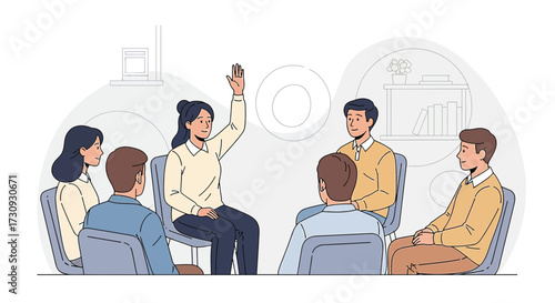 Group therapy session with diverse participants sharing experiences and providing support in a