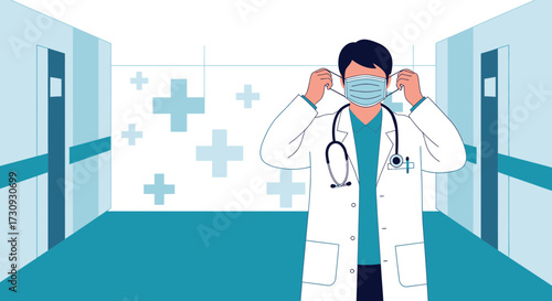 Healthcare professional wearing a surgical mask in a hospital corridor during pandemic times