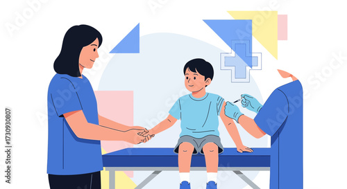 Illustration depicting a child receiving a vaccination with support from mother and healthcare