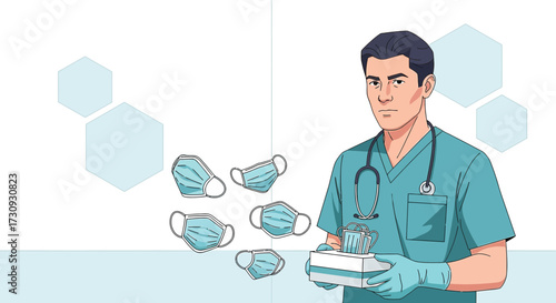 Illustration depicting a healthcare worker holding a box of protective face masks for medical