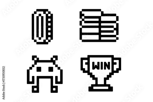 Classic pixel art icons representing a gaming theme featuring coins, stacks of items, alien character, and a winning trophy