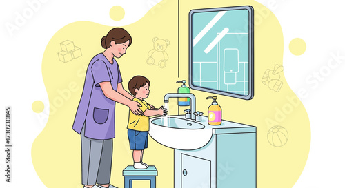 Illustration depicting a mother helping her son wash his hands hygiene and health