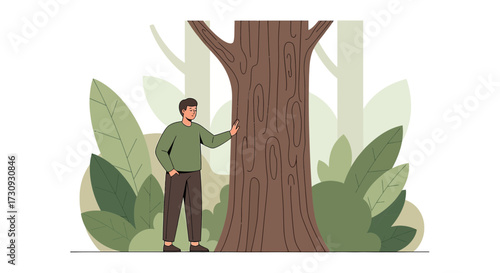 Illustration depicting a man in nature touching a tree trunk amidst lush foliage and trees