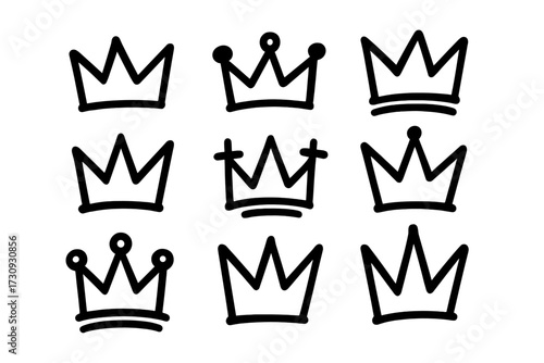 Unique collection of hand-drawn crown designs arranged in a grid format ideal for creative projects and artistic inspiration