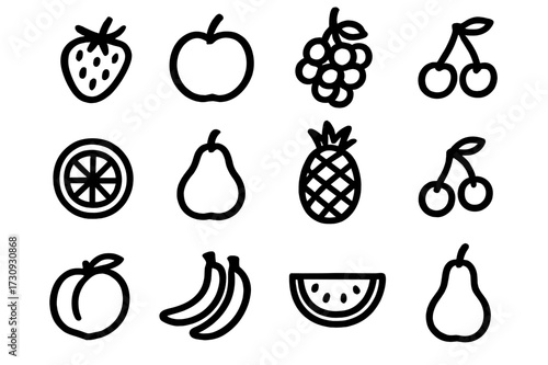 Collection of hand-drawn fruit icons featuring strawberries, apples, grapes, and more in a playful design