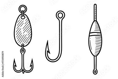 Various fishing tackle items including a lure, hook, and bobber displayed clearly for fishing enthusiasts