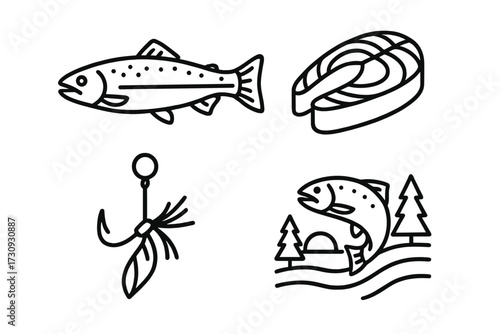 Fishing symbols and illustrations featuring fish, bait, and a scenic landscape by the water